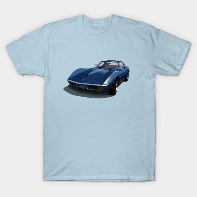 1970 Corvette Stingray in Bridgehampton Blue T-Shirt by candcretro